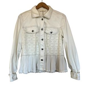 Free People Denim and Lace Ivory Ruffle Jacket